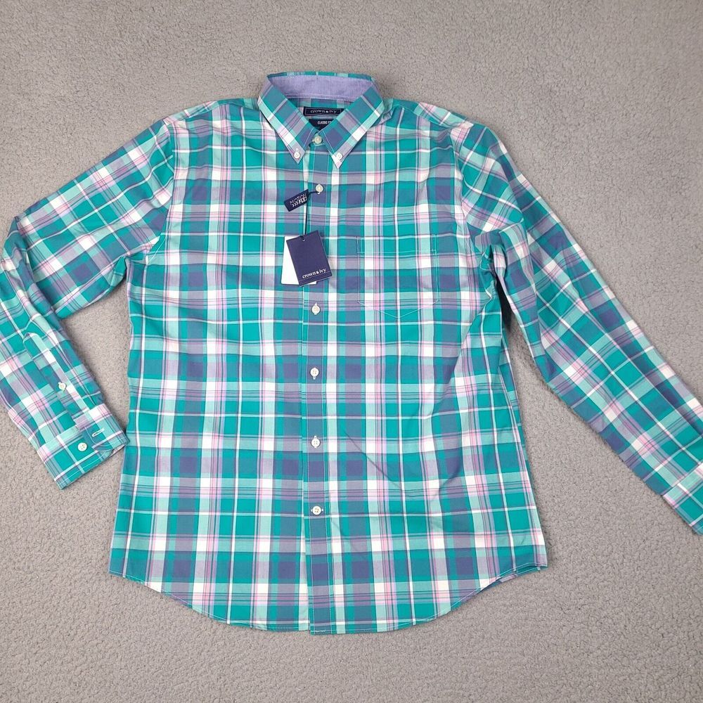 Crown & Ivy Shirt Mens Medium Green Plaid Classic Fit‎ Motion Flex Button Down